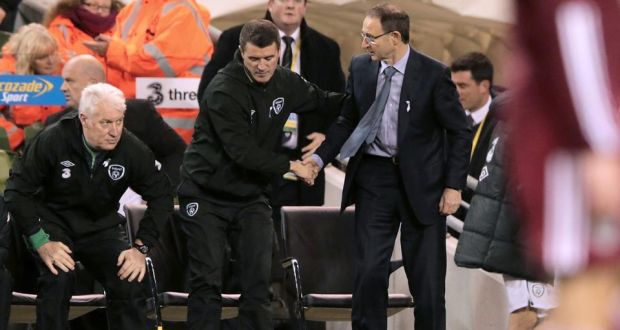 Martin O’Neill and Roy Keane shake hands after the win in the Aviva last night. Photograph: Morgan Treacy/INPHO