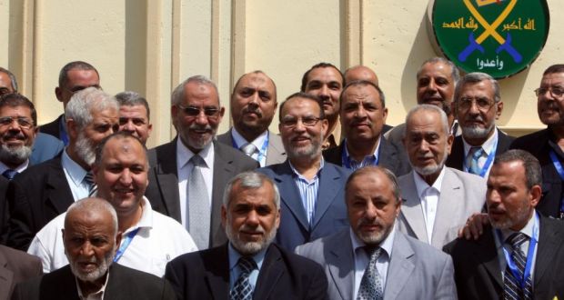 A file photo dated April 2011 shows the then Egypt’s Muslim Brotherhood Supreme Guide Mohammed Badie (3rd row, 3-left) standing amongst members of the group’s Shura Council as they pose for a group photo after their meeting in Cairo, Egypt. Egyptian state television reported today that the Egyptian government has labeled the Muslim Brotherhood a terrorist group. The government on has blamed the Muslim Brotherhood for an attack that targeted a regional police headquarters in northern Egypt which killed 15 people and injured more than 130. Photograph: EPA/Khaled Elfiqi