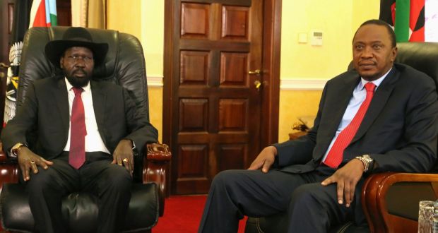 South Sudan’s president Salva Kiir (left)  meets with Kenya’s 
P
president Uhuru Kenyatta during peace talks in the capital, Juba. Photograph: Hakim George/Reuters 