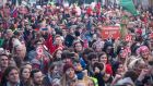 A section of the crowd at Lá Mór na Gaeilge outside Dáil Éireann on Molesworth Street today. Photograph: Seán Ó Mainnín