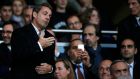 Former French president Nicolas Sarkozy reacts as he arrives in the tribune for Paris St Germain’s French Ligue 1 soccer match against Stade Rennes’ at the Parc des Princes stadium in Paris earlier this month. Photograph: Gonzalo Fuentes/Reuters