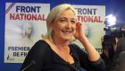 Marine Le Pen, France’s National Front political party leader, reacts to results after the polls closed in the European Parliament elections. Photograph: Remy de la Mauviniere/AP