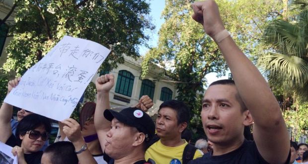 Vietnamese protesters shout anti-China slogans at Ly Thai To park in Hanoi. Photograph: EPA/Luong Thai Linh