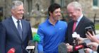 Rory McIlroy meets Northern Ireland’s First Minister Peter Robinson (left) and Deputy First Minister Martin McGuinness (right) at Stormont Castle after winning the Open Golf Championship. Photograph: Niall Carson/PA Wire.