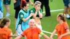 Ireland’s Savannah McCarthy (right) is consoled by Shannon Carson after losing to the Netherlands in the Uefa Women’s U19 Championship semi-final in Mjondalen, Norway. Photograph: Anders Hoven/Inpho