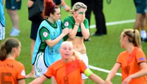 Ireland’s Savannah McCarthy (right) is consoled by Shannon Carson after losing to the Netherlands in the Uefa Women’s U19 Championship semi-final in Mjondalen, Norway. Photograph: Anders Hoven/Inpho