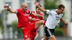 Sligo Rovers’s Alan Keane and Seamus Conneely compete with Morten Gamst Pedersen of Rosenborg during their  Europa League second qualifying round, second leg at the Showgrounds, Sligo. Photograph: Inpho  