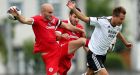 Sligo Rovers’s Alan Keane and Seamus Conneely compete with Morten Gamst Pedersen of Rosenborg during their  Europa League second qualifying round, second leg at the Showgrounds, Sligo. Photograph: Inpho  