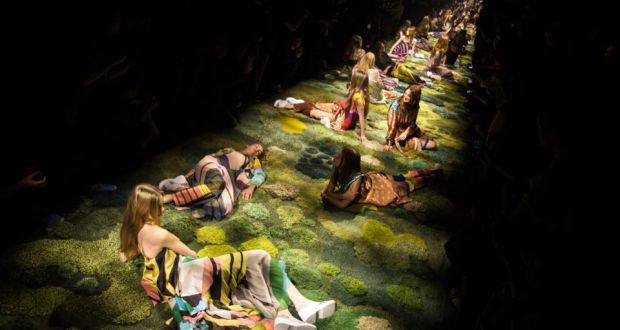 Woodland carpet: the finale of Belgian designer Dries Van Noten’s spring-summer show at Paris Fashion Week yesterday. Photograph: Etienne Laurent/EPA