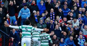 rangers celtic pitch except times just old scottish leigh griffiths goal celebrate semi players league fans cup final during front