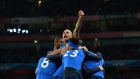 Monaco’s  Aymen Abdennour (C) celebrates his team’s second goal against Arsenal . Photo: Getty Images