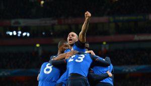 Monaco’s  Aymen Abdennour (C) celebrates his team’s second goal against Arsenal . Photo: Getty Images