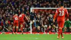  Jordan Henderson opens the scoring for  Liverpool  during the  Premier League match against Burnley at Anfield. Photograph: Michael Steele/Getty Images