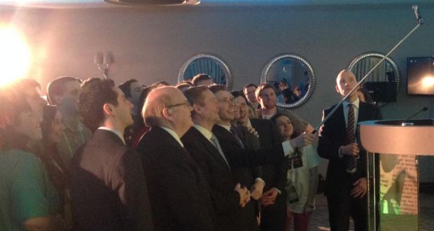 Taoiseach Enda Kenny and Minister for Finance Michael Noonan pose for photographs with members of Young Fine Gael at the organisation’s national conference in Limerick. Photograph: Kathryn Hayes