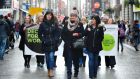 In Henry Street picketers were joined by former Dunnes strikers Mary Manning, Liz Deasy and Sandra Griffin, who in 1984 refused to handle South African fruit in protest at the apartheid regime. Photograph: The Irish Times