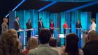 UK party leaders at the TV debate on April 2nd: (from left) Green Party leader Natalie Bennett, followed by Liberal Demorcrats leader Nick Clegg, Ukip’s Nigel Farage, Labour leader Ed Miliband, Plaid Cymru leader Leanne Wood, Scottish National Party’s Leader Nicola Sturgeon and Conservative leader David Cameron. Photograph: EPA/Ken McKay/ITV/Rex 