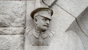  Carved stone head of a member of the Dublin Metropolitan Police at Pearse Street Garda station in Dublin. Photograph: Frank Miller 