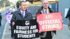 Gerry Quinn, TUI president, and Philip Irwin, Asti president with teachers at Newpark Comprehensive, Co Dublin, on a picket in January. Photograph: Dara Mac Dónaill / The Irish Times