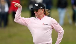 Miguel Angel Jimenez in lighthearted form during practice for the Irish Open at Royal County Down GC yesterday. Photo: Matt Mackey/Inpho/Presseye