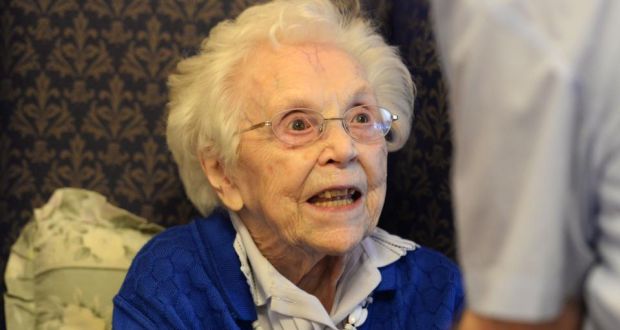 Elizabeth Dempsey, celebrates her 105th birthday. Photograph: Dara Mac Dónaill / The Irish - image