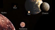 We already know about four tiny moons that orbit Pluto (top of illustration) and its large moon Charon in a chaotic fashion. They follow roughly circular paths but wobble and tumble erratically as they pass close to the two larger bodies. Illustration: Nasa/SETI Institute via the New York Times