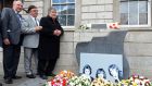 Miami Showband road manager Brian Maguire with sax player Des Lee and drummer Ray Miller at a wreath-laying ceremony organised by Justice for the Forgotten at Parnell square in Dublin. Photograph: Eric Luke/The Irish Times