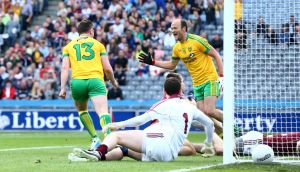 Donegal’s Patrick McBrearty celebrates scoring the opening goal with Colm McFadden during the  All-Ireland  Round 4B qualifier at Croke Park. Photograph:  Cathal Noonan/Inpho