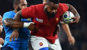 Mathieu Bastareaud: “Bastareaud will come charging down the 10 channel . . . defending this shouldn’t be Johnny Sexton.” Photograph: Gabriel Bouys/AFP.