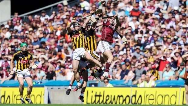  Conor Whelan of Galway wins a high ball in the Leinster Hurling Senior final. Photo: Tommy Dickson / Inpho 