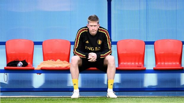   Belgian midfielder Kevin De Bruyne at a training session at Guchkovo Stadium in Dedovsk. Monday. Photo: AFP / Getty Images 