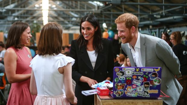   The Duke and Duchess of Sussex visit the Dogpatch start-up center in Dublin. Photo: Jimmy Rainford / Getty Images 