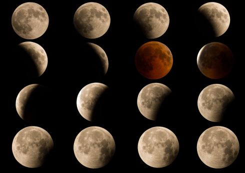    A composite photo shows the lunar eclipse seen over the city of Kuwait. EPA / Noufal Ibrahim Photography
