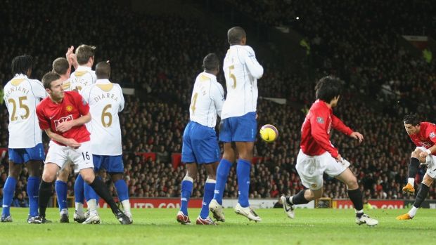 Ronaldo scored a free kick against Portsmouth in 2008 before scoring 42 goals. Photo: Tom Purslow / Manchester United via Getty Images