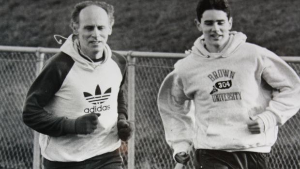 Ian O’Riordan running with his dad, former Olympic runner Tom O’Riordan, in his early athletics days.