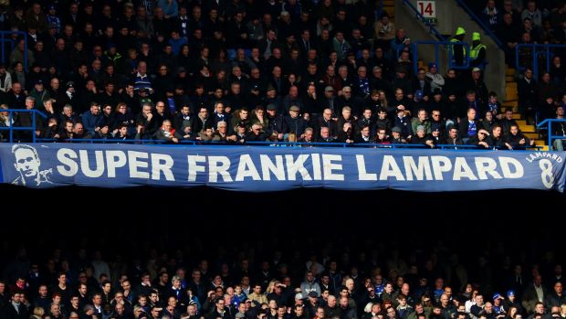 The Frank Lampard banner which adorns the Matthew Harding Stand at Stamford Bridge. Photograph: Clive Rose/Getty