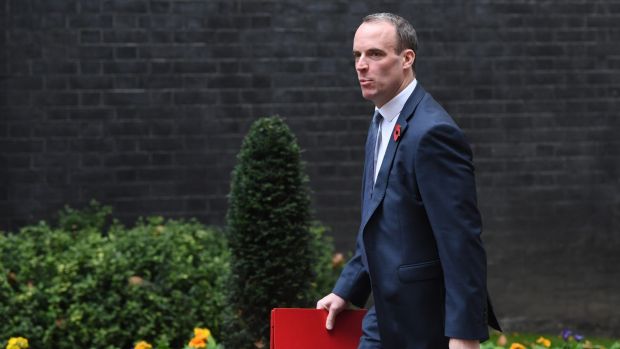 Britain’s Secretary of State for Exiting the European Union (Brexit Minister) Dominic Raab arrives a cabinet meeting in central London. Photograph: Facundo Arrizabalaga/EPA