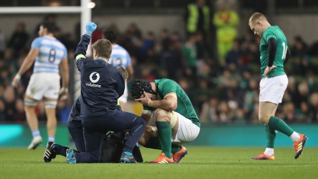 Ireland’s Seán O’Brien suffered a fractured forearm close to half-time. Photograph: Niall Carson/PA Wire