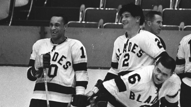 Willie O’Ree (left) during his time with the Los Angeles Blades in the 1963/64 season. Photo: Bruce Bennett Studios/Getty Images