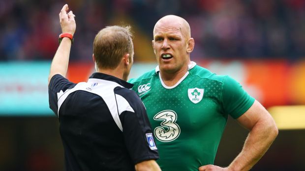 Ireland’s Paul O’Connell with referee Wayne Barnes. Photograph: Cathal Noonan/Inpho