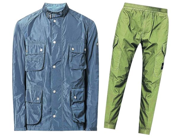 Barbour jacket, €180, Arnotts; Stone Island logo patch cargo trousers, €325