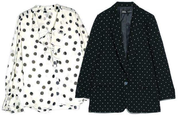 Topshop blouse, €49; Zara blazer, €59.95