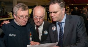 Fine Gael tallymen Liam Fahy, John McHugh and Tom Garvey  at the Castlebar count centre. Photograph: Michael Mc Laughlin