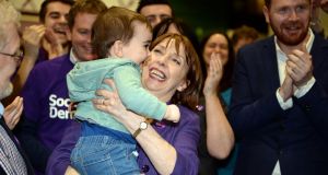 Róisín Shortall of the Social Democrats celebrates with her grand-nephew Dara Baxter (2) after being elected in the Dublin North-West constituency. Photograph: Eric Luke/The Irish Times.