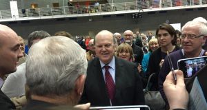 Minister for Finance Michael Noonan (Fine Gael) speaks to supporters after he and Minister for Education Jan O’Sullivan (Labour) took the final two seats in Limerick city, after both were elected with the help of Sinn Féin transfers. Photograph: Kathryn Hayes