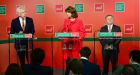  Tánaiste Joan Burton with  Alex White and Brendan Howlin at a  press conference. Photograph: Dara Mac Donaill / The Irish Times.