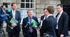 Wobbles on the cobbles: Fianna Fáil TD’s Jim O’Callaghan, Michael McGrath, Barry Cowen and Charlie McConalogue speaking to journalists after leaving talks in the Provost’s House, Trinity College. There seems to be an acceptance that whatever mish-mash of an administration emerges, it will stagger along like a tipsy sailor until it collapses at the first sign of trouble. Photograph: Aidan Crawley