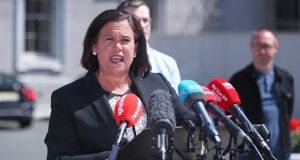 Sinn Féin leader Mary Lou McDonald speaks  at Leinster House  after Fianna Fáil, Fine Gael and the Greens finalised the text of a draft programme for government four months on from the election. Photograph:   Niall Carson/PA Wire 