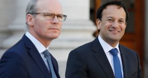  Taoiseach Leo Varadkar and Tánaiste Simon Coveney speaking to the media at Government Buildings, Dublin, on Monday. Photograph: Leon Farrell/Photocall Ireland/PA Wire