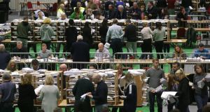 Counting of votes the 2020 general election at the RDS. Photograph: Damien Eagers