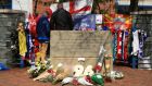 A tribute to the 96 fans who died during the Hillsborough disaster, outside the ground today before the Sky Bet Championship match at Hillsborough, Sheffield. Photograph: PA Wire